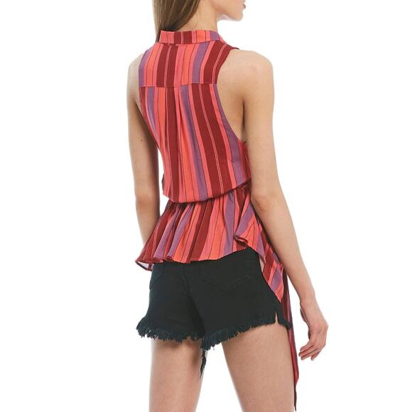Free People Button Down Wrap Shirt Women Small Pink Stripe Mackenzie Floral Tank - Picture 5 of 14